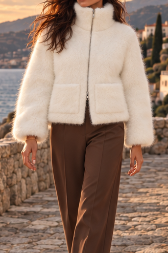 Blanche Fluffy Funnel-Neck Zip Jacket