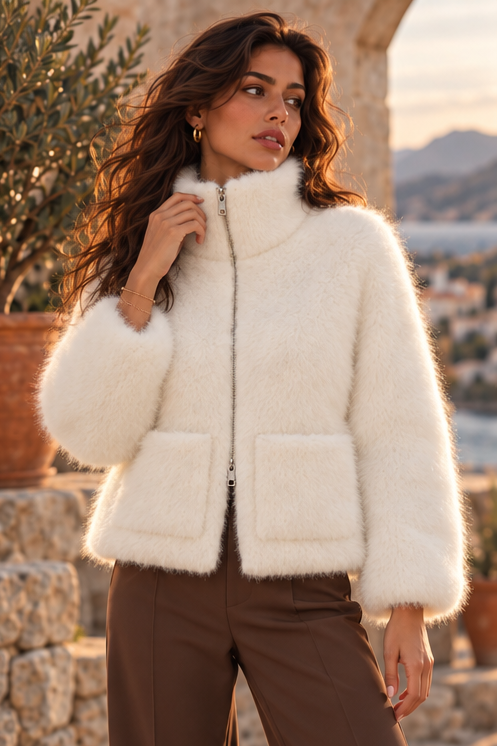 Blanche Fluffy Funnel-Neck Zip Jacket